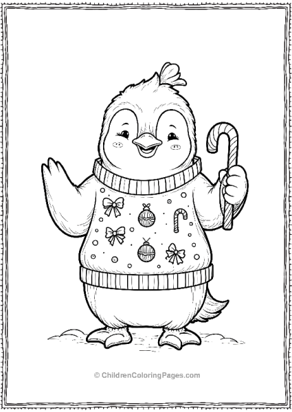 Penguin In A Sweater With Candy Canes Free PDF Printable