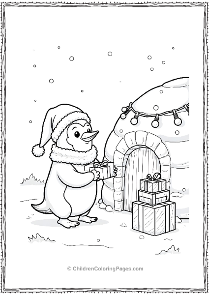 Penguin Santa Delivering Gifts To An Igloo Free PDF Printable