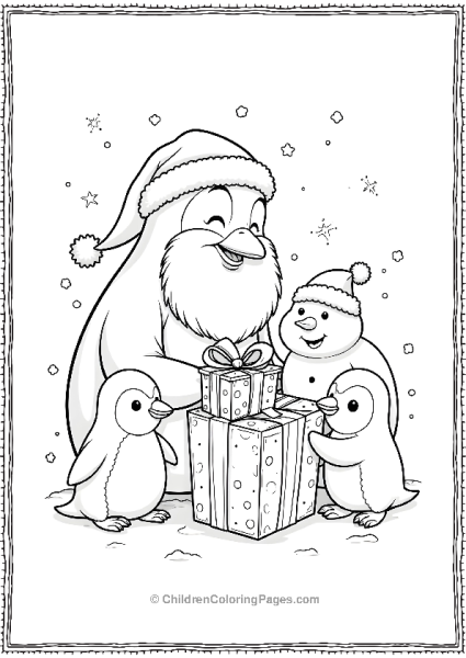 Penguin Santa Giving Gifts To Baby Penguins Scaled Free PDF Printable