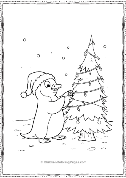 Penguin Stringing Lights Around A Tree Free PDF Printable