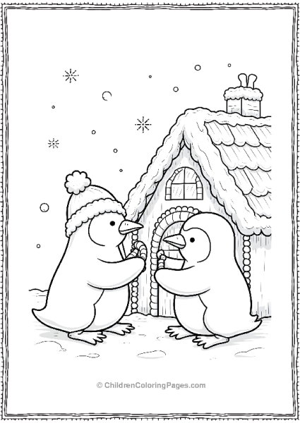 Penguins Decorating Gingerbread Houses Free PDF Printable