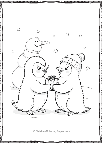 Penguins Exchanging Gifts Near A Snowman Free PDF Printable