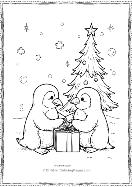 Penguins Exchanging Gifts Under A Christmas Tree Free PDF Printable