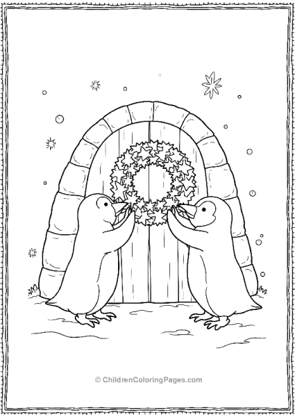 Penguins Hanging A Wreath On An Igloo Free PDF Printable