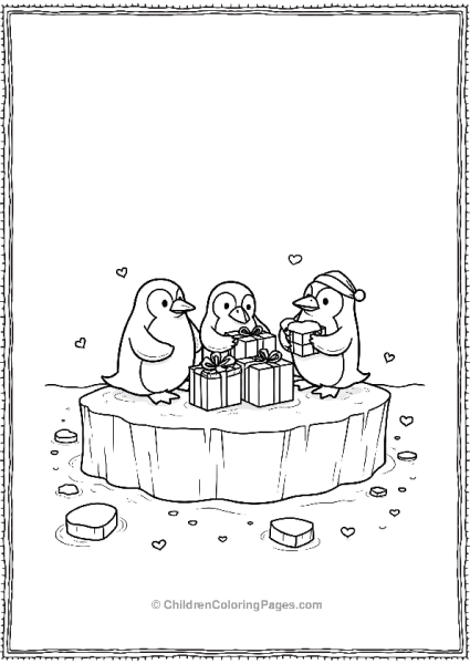 Penguins Unwrapping Gifts On An Iceberg Free PDF Printable