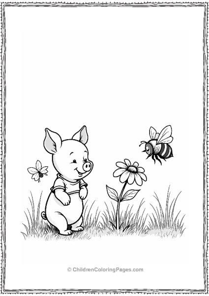 Piglet With A Bumblebee And Butterflies Free PDF Printable