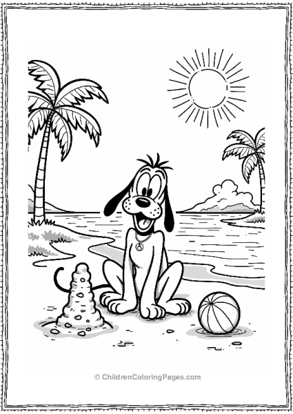 Pluto Building A Sandcastle On A Tropical Beach Free PDF Printable