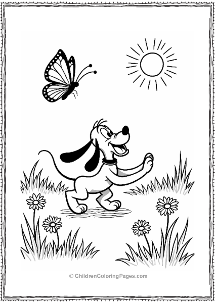 Pluto Chasing A Butterfly In A Grassy Meadow Free PDF Printable