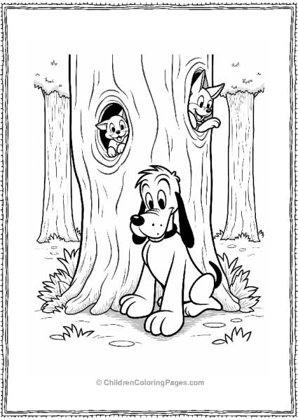 Pluto Sniffing A Tree Trunk With Woodland Animals Free PDF Printable