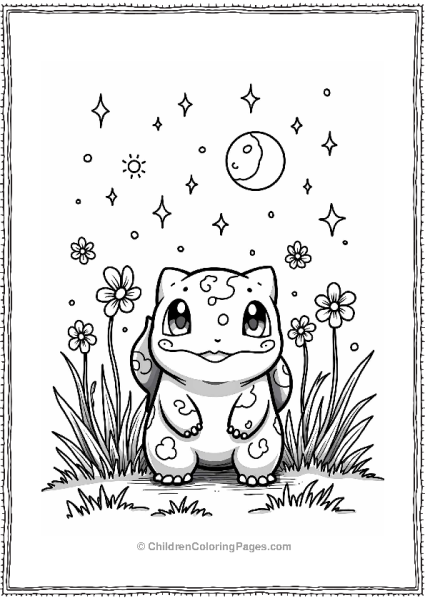 Pokémon Bulbasaur Peeking Under A Starry Sky Free PDF Printable