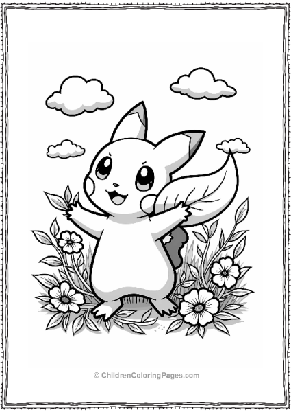 Pokémon Chikorita Among Vibrant Flowers Free PDF Printable