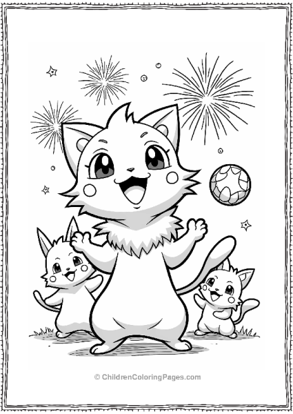 Pokemon Meowth Juggling Balls Under Fireworks Free PDF Printable