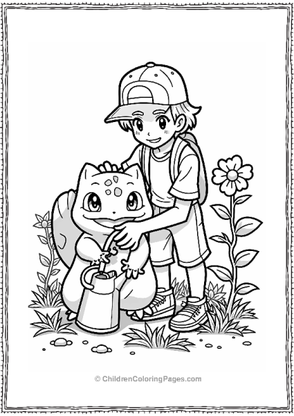 Pokémon Trainer And Bulbasaur In A Garden Free PDF Printable