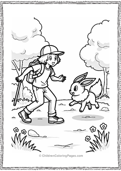 Pokémon Trainer And Eevee Playing Fetch Free PDF Printable