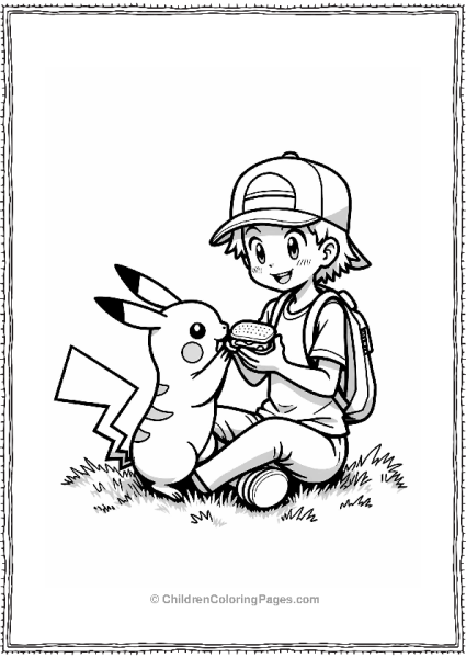 Pokémon Trainer And Pikachu Sharing A Snack Free PDF Printable