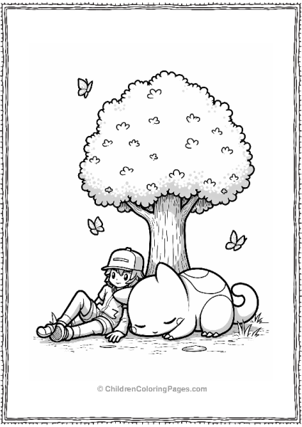 Pokémon Trainer And Snorlax Napping Under A Tree Free PDF Printable