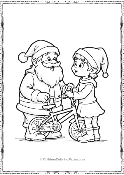 Santa And Elf Inspecting A New Bicycle For Gifts At The North Pole Workshop Free PDF Printable