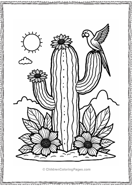 Tropical Cactus With Flowers And Parrot Free PDF Printable