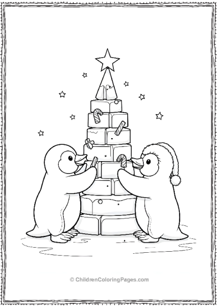 Two Penguins Building An Ice Tree Free PDF Printable