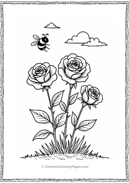 Vibrant Rose Bush With A Bee Free PDF Printable