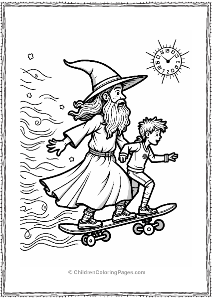 Wizard And Apprentice On A Magical Skateboard Free PDF Printable