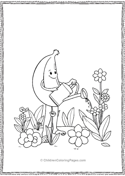 A Banana Holding A Watering Can Watering Flowers Free PDF Printable