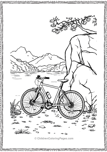 A Bicycle Leaning Against A Large Rock By A Peaceful Lake Free PDF Printable