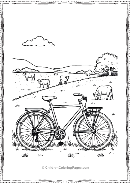 A Bicycle Parked Beside A Pasture Of Grazing Cows Free PDF Printable