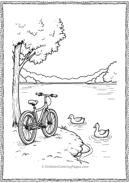 A Bicycle Parked By A Lake With Ducks Free PDF Printable