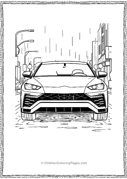 A Lamborghini Urus With Its Headlights On In A Rain Free PDF Printable