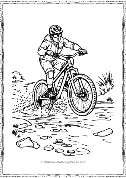 A Mountain Biker Crossing A Shallow River Free PDF Printable