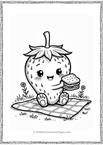 Adorable Strawberry Character On Picnic Blanket Free PDF Printable