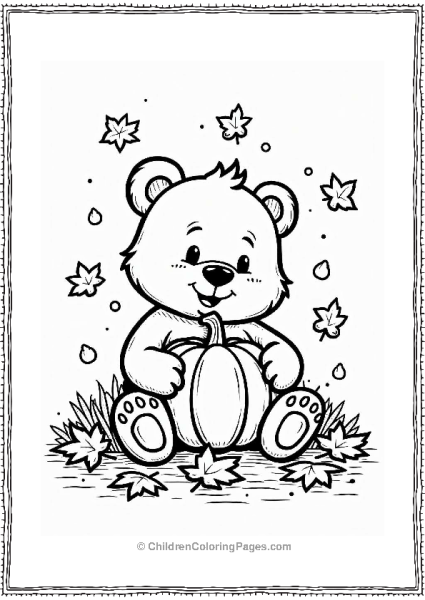 Bear With Pumpkin In Leaf Pile Free PDF Printable