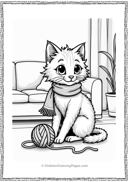 Cat Playing With Yarn In A Cozy Living Room Free PDF Printable