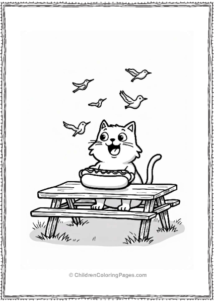 Cat With A Hot Dog At A Picnic Table Free PDF Printable