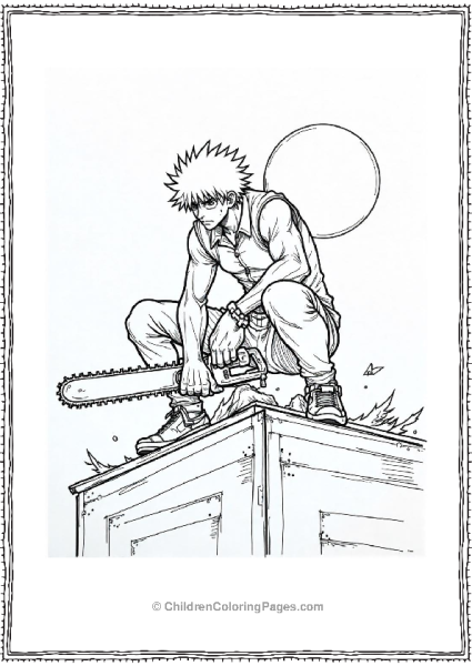 Chainsaw Man Crouching On A Rooftop Free PDF Printable