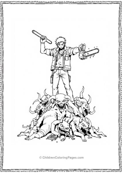 Chainsaw Man Standing Victoriously On A Pile Of Monsters Free PDF Printable