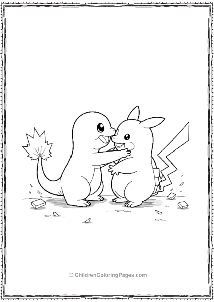 Charmander And Pikachu Embracing Amidst Falling Debris Free PDF Printable