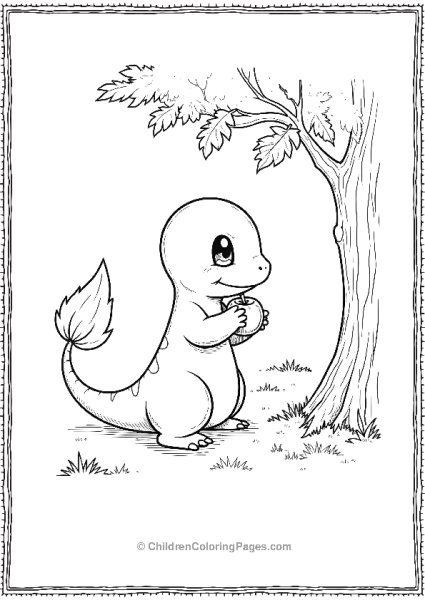 Charmander Enjoying An Apple Under A Tree Free PDF Printable