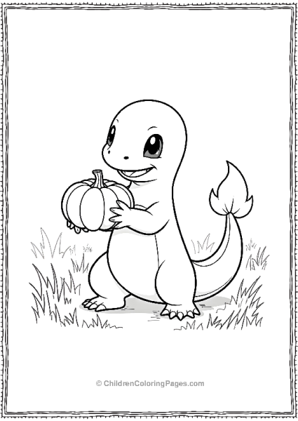 Charmander Holding A Pumpkin In A Field Free PDF Printable