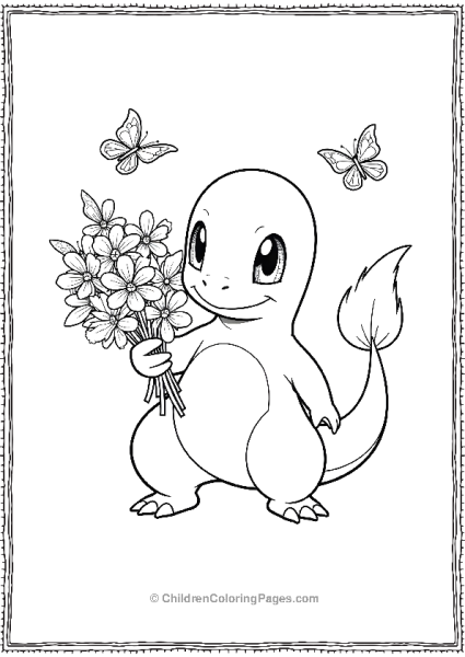 Charmander Holding Spring Flowers With Butterflies Free PDF Printable