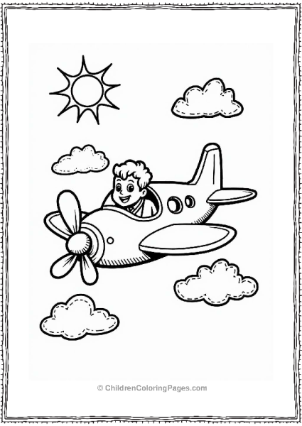 Cheerful Airplane Flying In Fluffy Clouds Free PDF Printable