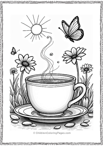 Cheerful Coffee Cup In A Flower Garden Free PDF Printable