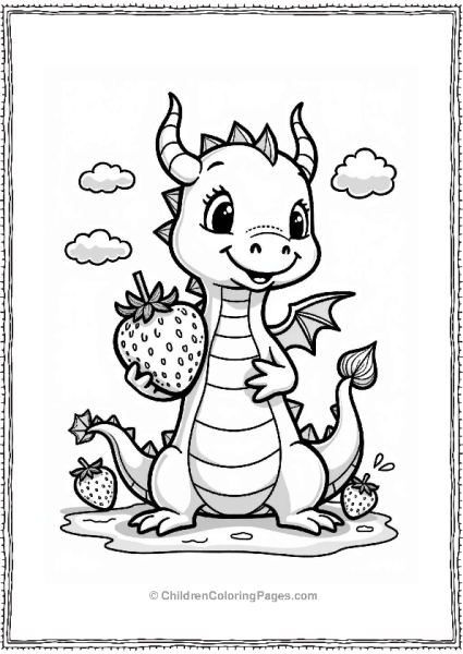 Cheerful Dragon With A Big Strawberry Free PDF Printable