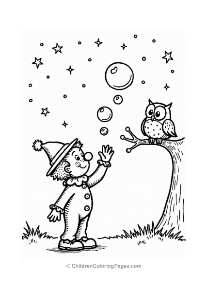 Clown Blowing Bubbles Under A Starry Sky Free PDF Printable