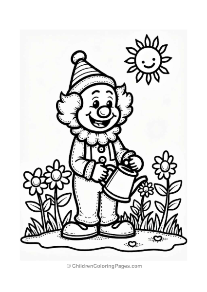 Clown Watering Flowers In A Garden Free PDF Printable