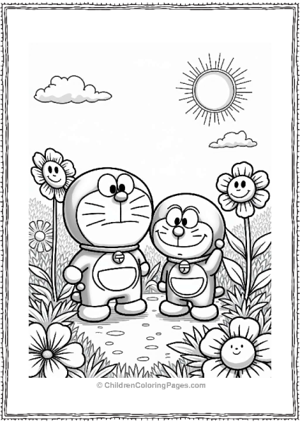 Doraemon And Nobita In A Flower Garden Free PDF Printable