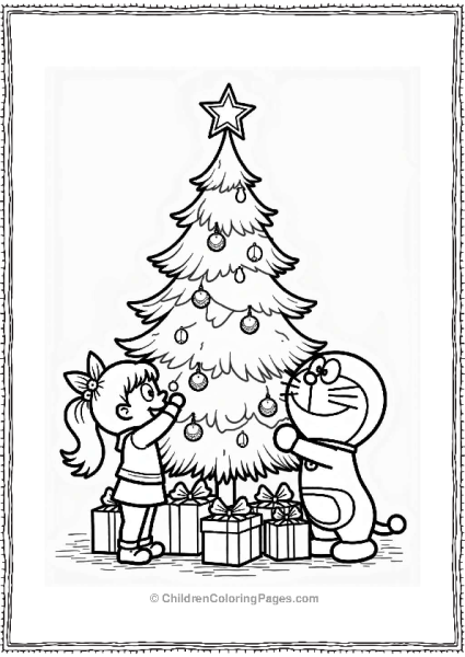 Doraemon And Shizuka Decorating A Christmas Tree Free PDF Printable