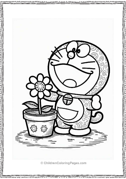 Doraemon Decorating A Flower Pot Free PDF Printable