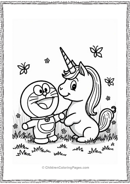 Doraemon Meets A Unicorn In A Meadow Free PDF Printable